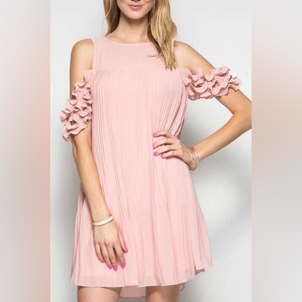 She + Sky 60% Silk Pink Ruffled Cut-Out Mini Dress PTP: 16”-18” - Picture 3 of 10